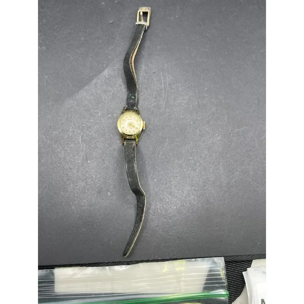 Vintage Oris Anti Shock 7 Jewels Gold Tone Watch Black Leather Band 17MM